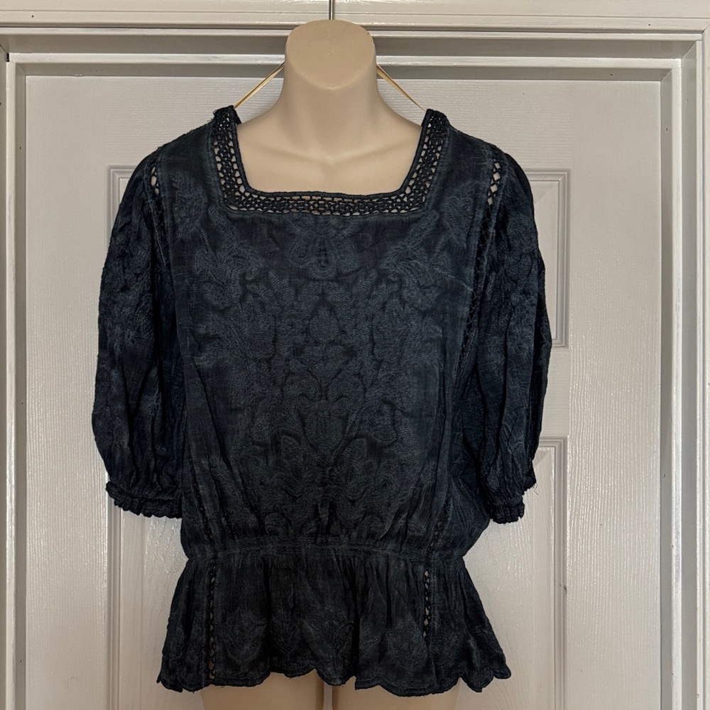 Democracy Blue  Textured Square-Neck Peplum Top with Crochet Trim